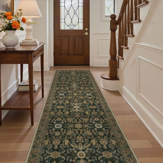 KUETH 2.5x12 Vintage Floral Runner Rug Machine Washable Rugs for Living Room, Non Slip Flat Pile Rug with Rubber Backing, Boho Rug for Entryway Hallway Kitchen and Corridor