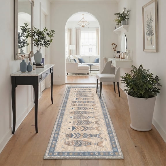KUETH 2.5x8 Washable Runner Rug, Non Slip Flat Pile Kitchen Hallway Runner Rug with Fish Pattern, Pet Friendly Soft Runner Rug for Floor
