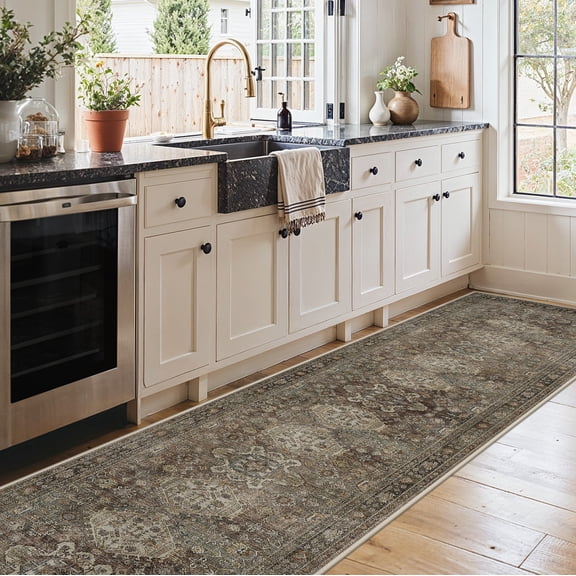 KUETH 2.5x10 Vintage Runner Rug Machine Washable, Kitchen Runner Rug for Floor and Hallway, Non Slip Flat Pile Area Rug with Rubber Backing for Entryway Bathroom Bedroom Laundry