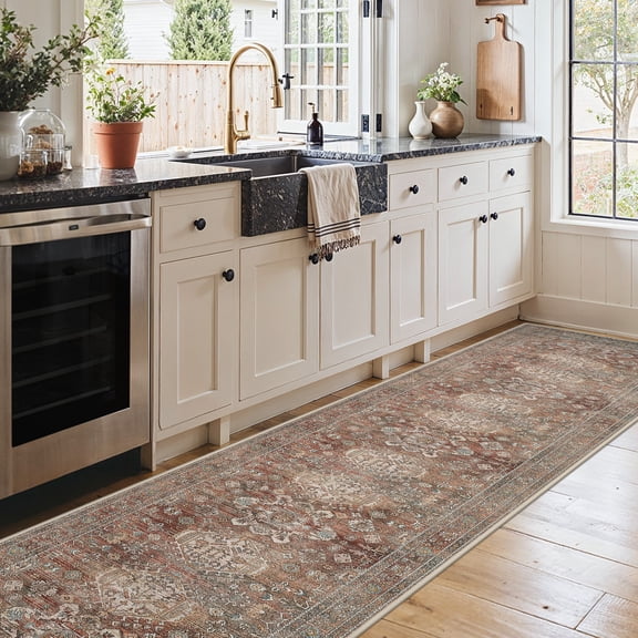 KUETH 2.5x10 Vintage Runner Rug Machine Washable, Kitchen Runner Rug for Floor and Hallway, Non Slip Flat Pile Area Rug with Rubber Backing for Entryway Bathroom Bedroom Laundry