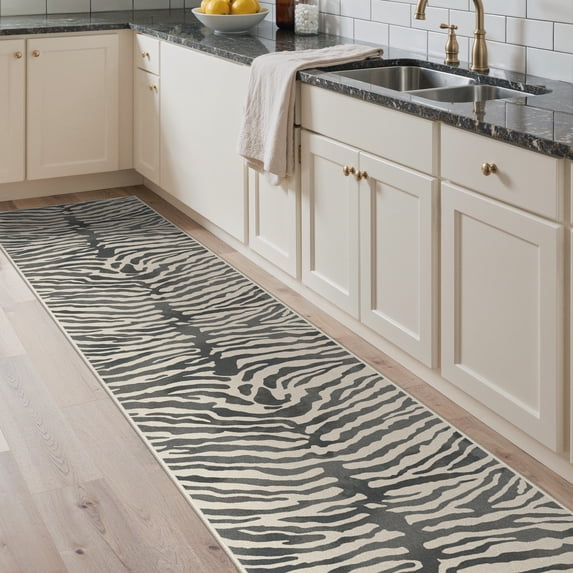 KUETH 2.5x10 Zebra Runner Rug Machine Washable, Kitchen Runner Rug for Floor and Hallway, Non Slip Flat Pile Area Rug with Rubber Backing for Entryway Bathroom Bedroom Laundry