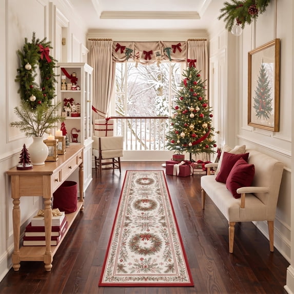KUETH 2'x10' Christmas Washable Runner Rug, Non-Slip Rugs for Long Hallway, Corridor, Kitchen and Entryway, Beige