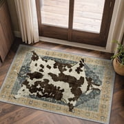 KUETH 2'x3' Cow Area Rugs for Living Room, Non Slip Machine Washable Vintage Boho Rug, Low Pile Print Rug for Bedroom Di