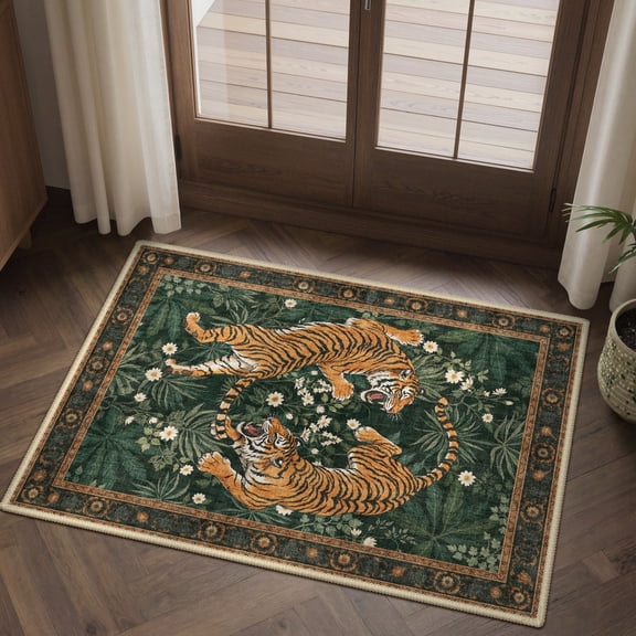 KUETH 2'x3' Tiger Area Rugs for Living Room, Non Slip Machine Washable Vintage Boho Rug, Low Pile Print Rug for Bedroom Dining Room Home Office