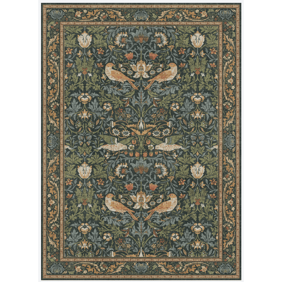 KUETH 2'x3' Vintage Floral Area Rugs for Living Room, Non Slip Machine Washable Forest Bird Rug, Low Pile Print Rug for Bedroom Dining Room Home Office