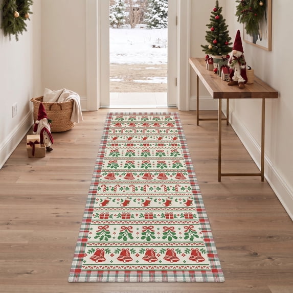 KUETH 2'x5' Christmas Machine Washable Runner Rug, Non-Slip Rugs for Kitchen, Hallway and Entryway, Beige