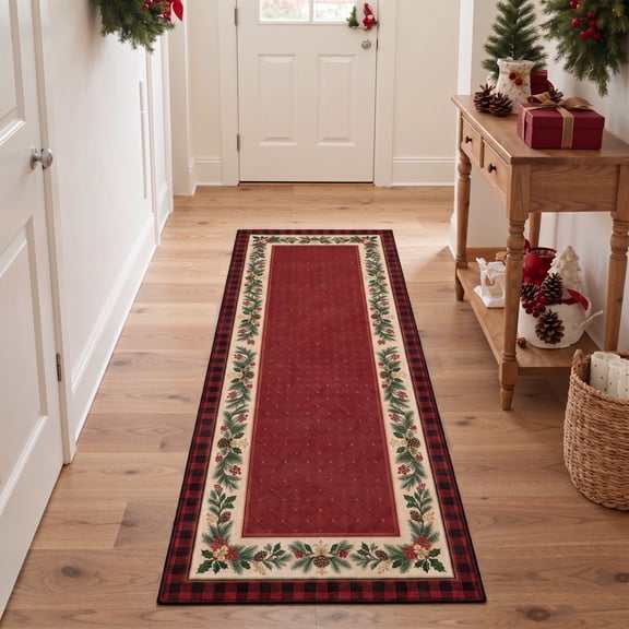 KUETH 2'x5' Christmas Machine Washable Runner Rug, Non-Slip Rugs for Kitchen, Hallway and Entryway, Red