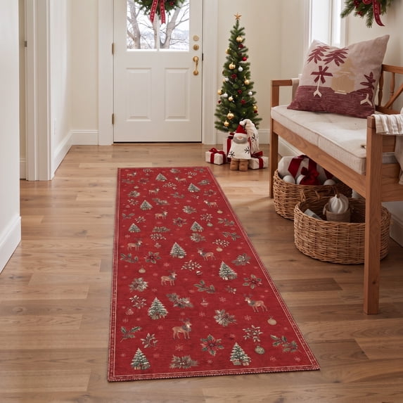 KUETH 2'x5' Christmas Machine Washable Runner Rug, Non-Slip Rugs for Kitchen, Hallway and Entryway, Red