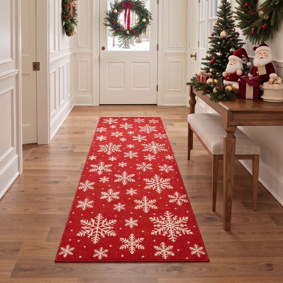 KUETH 2'x5' Christmas Machine Washable Runner Rug, Non-Slip Rugs for Kitchen, Hallway and Entryway, Red
