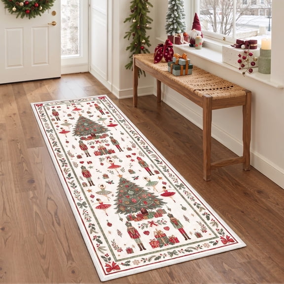 KUETH 2'x6' Christmas Machine Washable Runner Rug, Non-Slip Rugs for Kitchen, Hallway, Corridor and Entryway, Beige