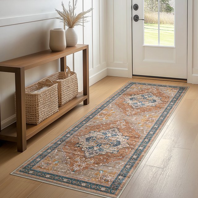 KUETH 2'x7' Area Rugs for Living Room, Non Slip Machine Washable Vintage Indoor Rug, Low Pile Print Rug for Bedroom Dining Room Home Office