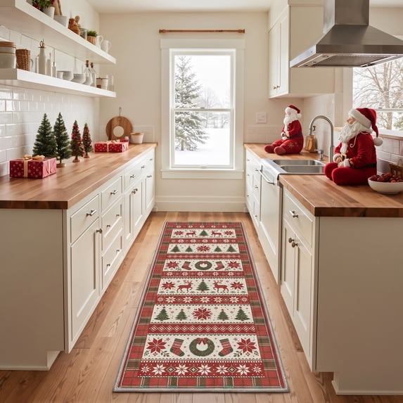 KUETH 2'x7' Christmas Machine Washable Runner Rug, Non-Slip Rugs for Kitchen, Hallway, Corridor and Entryway, Beige
