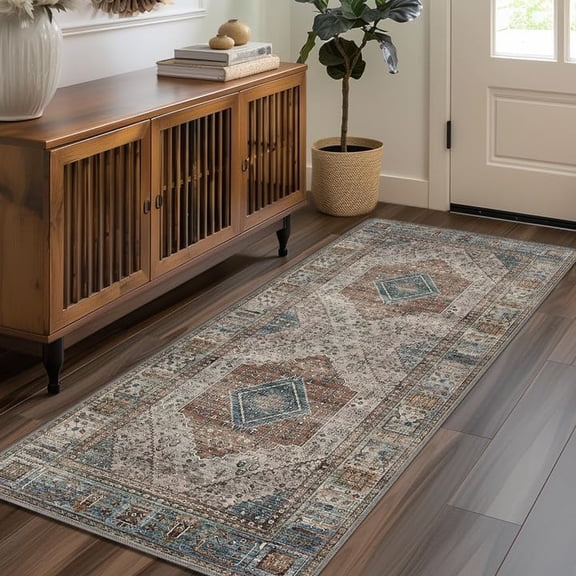 KUETH 2'x7' Runner Rug, Machine Washable, Non Slip Low Pile Vintage Carpet, Lightweight Rug for Hallway, Entryway, Kitchen, Dining Room,