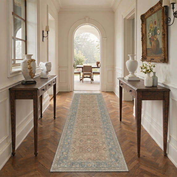 KUETH 2X10 Machine Washable Runner Rug, Low Pile Non-Slip Backing Carpet for Hallway, Kitchen and Bedroom, Pet-Friendly Vintage Floral Runner Rug, Red Fish