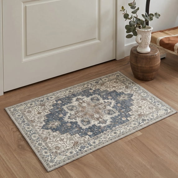 KUETH 2X3 Vintage Area Rugs Machine Washable Rugs for Living Room, Non Slip Flat Pile Rug with Rubber Backing, Boho Rug for Entryway Bedroom Dining Room Home Office