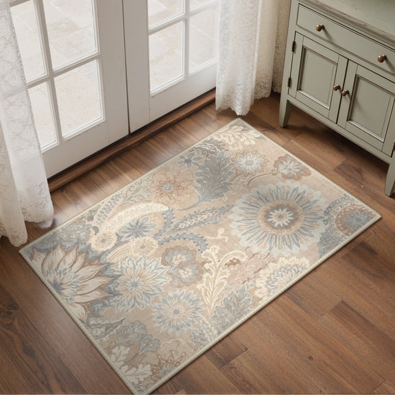KUETH 2X3 Vintage Floral Area Rugs Machine Washable Rugs for Living Room, Non Slip Flat Pile Rug with Rubber Backing, Boho Rug for Entryway Bedroom Dining Room Home Office