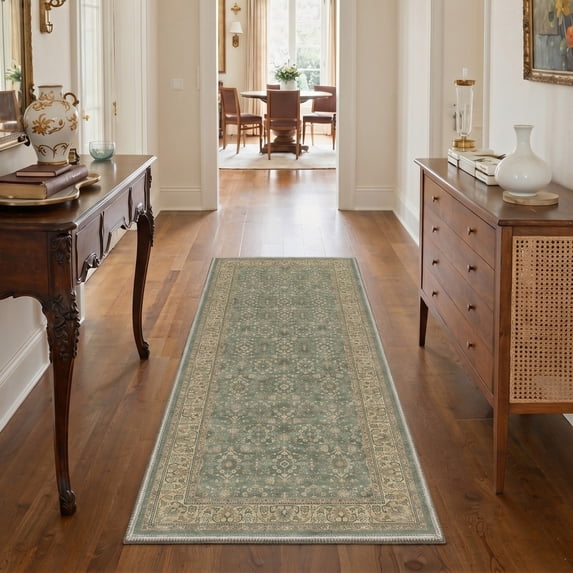 KUETH 2X6 Machine Washable Runner Rug, Low Pile Non-Slip Backing Carpet for Hallway, Kitchen and Bedroom, Pet-Friendly Vintage Floral Runner Rug, Green