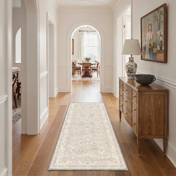 KUETH 2X7 Machine Washable Runner Rug, Low Pile Non-Slip Backing Carpet for Hallway, Kitchen and Bedroom, Pet-Friendly Vintage Floral Runner Rug, Beige
