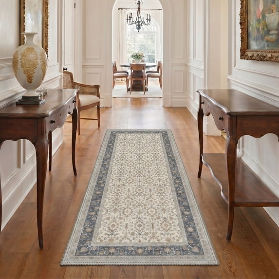 KUETH 2X7 Machine Washable Runner Rug, Low Pile Non-Slip Backing Carpet for Hallway, Kitchen and Bedroom, Pet-Friendly Vintage Floral Runner Rug, Blue