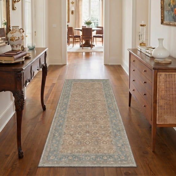 KUETH 2X7 Machine Washable Runner Rug, Low Pile Non-Slip Backing Carpet for Hallway, Kitchen and Bedroom, Pet-Friendly Vintage Floral Runner Rug, Red Fish