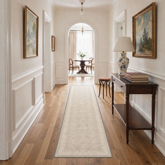 KUETH 2X8 Machine Washable Runner Rug, Low Pile Non-Slip Backing Carpet for Hallway, Kitchen and Bedroom, Pet-Friendly Vintage Floral Runner Rug, Beige