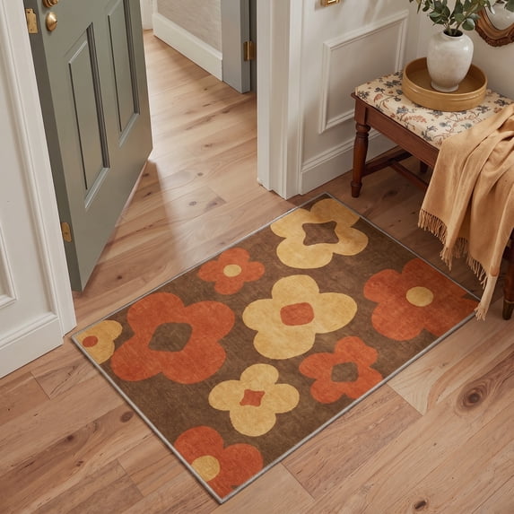 KUETH 2x3 Allover Floral Entryway Rug, Machine Washable Soft Low Pile Non Slip Backing Rug, OCHRE BLOOM Accent Rug