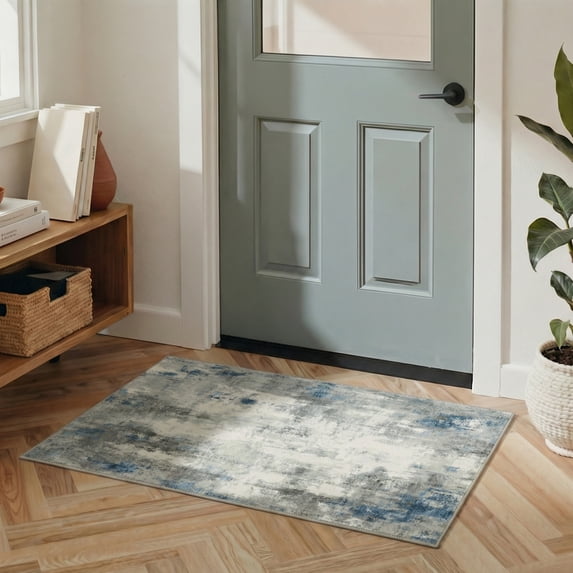 KUETH 2x3 Area Rugs for Abstract Gray & Blue Throw Rug – Machine Washable Entryway Carpet with Non-Slip Gripper, Distressed Vintage Style Accent Mat for Bedroom Living Room, Aesthetic Indoor Doormat