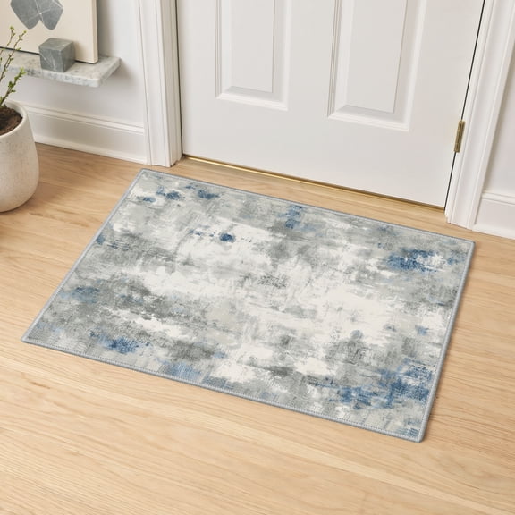 KUETH 2x3 Area Rugs for Abstract Gray & Blue Throw Rug – Machine Washable Entryway Carpet with Non-Slip Gripper, Distressed Vintage Style Accent Mat for Bedroom Living Room, Aesthetic Indoor Doormat