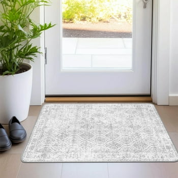 KUETH 2x3 Area Rugs for Entryway Entrance Kitchen Bathroom, Machine Washable Stain Resistant Non-Shed Mat, Small Print Vintage Door Mat, Low Pile with Non Slip Backing, Distressed Cream/Gray