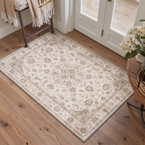 KUETH 2x3 Classic Persian Entryway Rug, Machine Washable Soft Low Pile Non Slip Backing Rug, Dusty Beige Accent Rug
