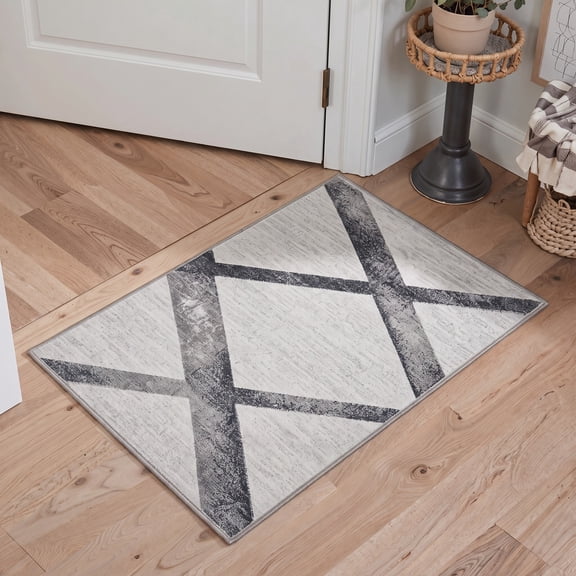 KUETH 2x3 Contemporary Abstract Entryway Rug, Machine Washable Soft Low Pile Non Slip Backing Rug, Washed Gray Accent Rug