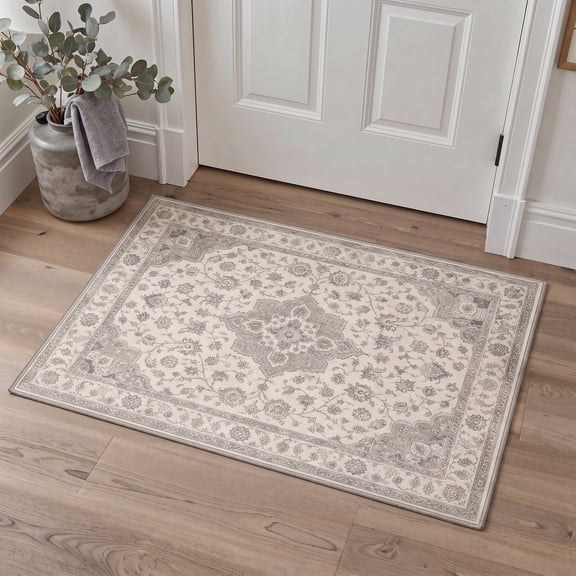 KUETH 2x3 Low Pile Diamond Persian Style Accent Rug, Machine Washable Soft Non Slip Backing Rug, SILVERVEIL Rug for Entryway Bedroom