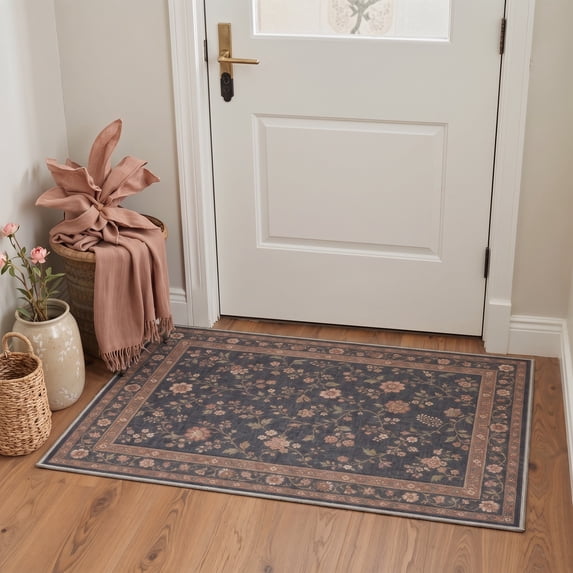 KUETH 2x3 Low Pile Flower Accent Rug, Machine Washable Soft Non Slip Backing Rug, Dusty Navy Rug for Entryway Bedroom