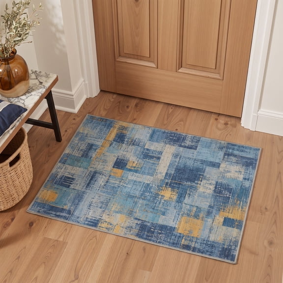 KUETH 2x3 Low Pile Modern Accent Rug, Machine Washable Soft Non Slip Backing Rug, Denim Gold Rug for Entryway Bedroom