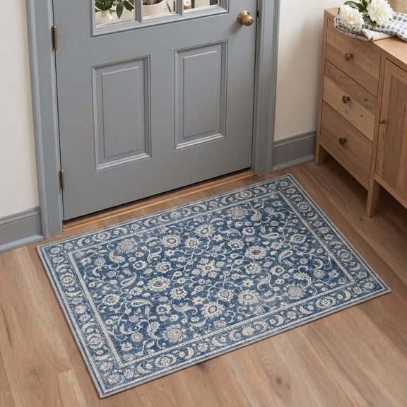 KUETH 2x3 Machine Washable Allover Persian Accent Rug, Soft Low Pile Non Slip Backing Rug, Dusty Blue Rug for Entryway Bedroom Kitchen