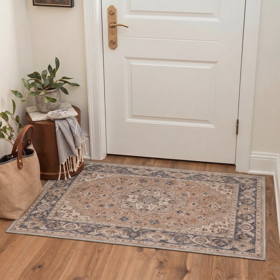 KUETH 2x3 Machine Washable Diamond Persian Accent Rug, Soft Low Pile Non Slip Backing Rug, Dusty Taupe Rug for Entryway Bedroom Kitchen