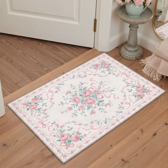 KUETH 2x3 Machine Washable Modern Floral Accent Rug, Soft Low Pile Non Slip Backing Rug, Blush Pink Rug for Entryway Bedroom Kitchen