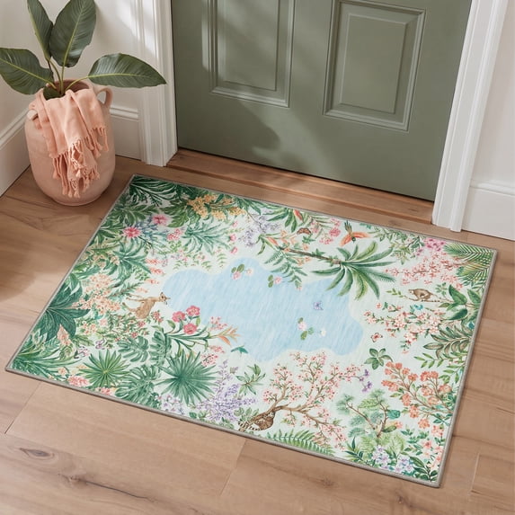 KUETH 2x3 Machine Washable Modern Floral Accent Rug, Soft Low Pile Non Slip Backing Rug, TEAL BLOOM Rug for Entryway Bedroom Kitchen
