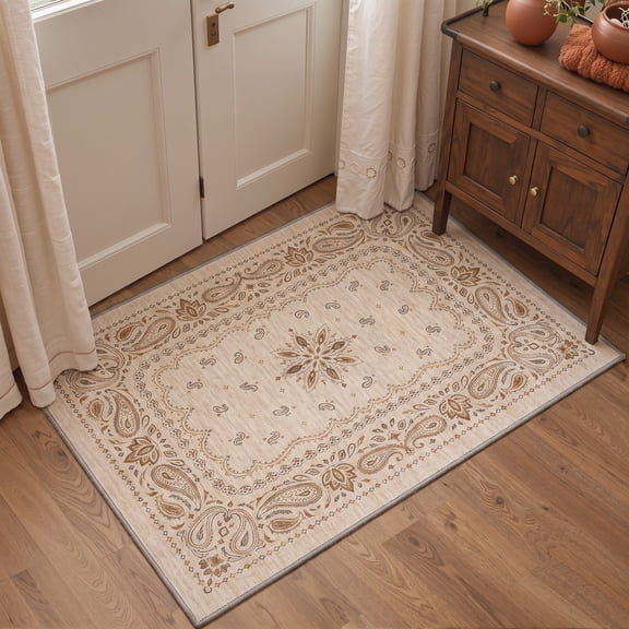 KUETH 2x3 Machine Washable Modern Floral Accent Rug, Soft Low Pile Non Slip Backing Rug, Warm Beige Rug for Entryway Bedroom Kitchen