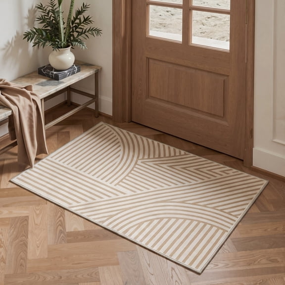 KUETH 2x3 Machine Washable Neutral Modern Accent Rug, Soft Low Pile Non Slip Backing Rug, Warm Beige Rug for Entryway Bedroom Kitchen