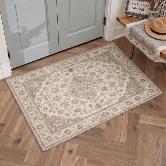 KUETH 2x3 Machine Washable Vintage Persian Style Accent Rug, Soft Low Pile Non Slip Backing Rug, Cream Taupe Rug for Entryway Bedroom Kitchen