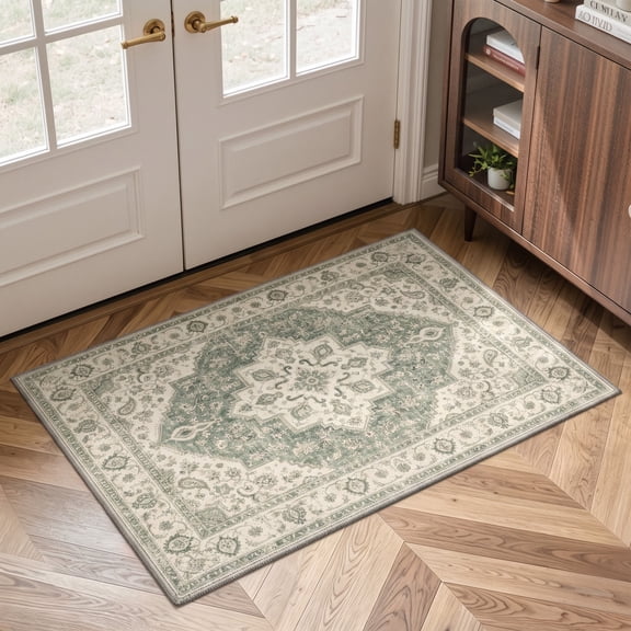 KUETH 2x3 Machine Washable Vintage Persian Style Accent Rug, Soft Low Pile Non Slip Backing Rug, Sage Ivory Rug for Entryway Bedroom Kitchen