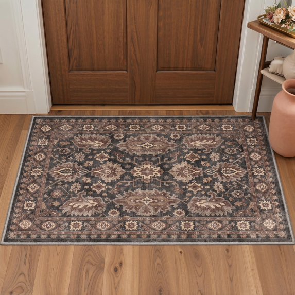 KUETH 2x3 Machine Washable Vintage Vintage Style Accent Rug, Soft Low Pile Non Slip Backing Rug, Warm Charcoal Rug for Entryway Bedroom Kitchen