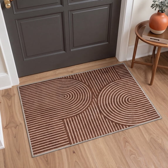KUETH 2x3 Minimal Style Entryway Rug, Machine Washable Soft Low Pile Non Slip Backing Rug, Mocha Brown Accent Rug