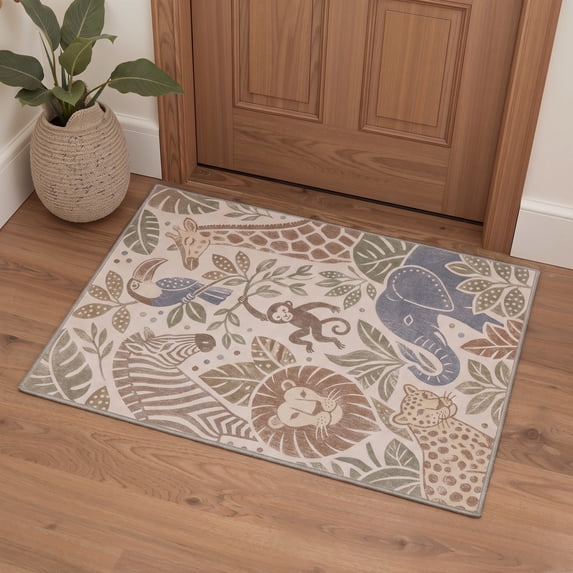 KUETH 2x3 Natural Style Entryway Rug, Machine Washable Soft Low Pile Non Slip Backing Rug, OCHRE BLOOM Accent Rug