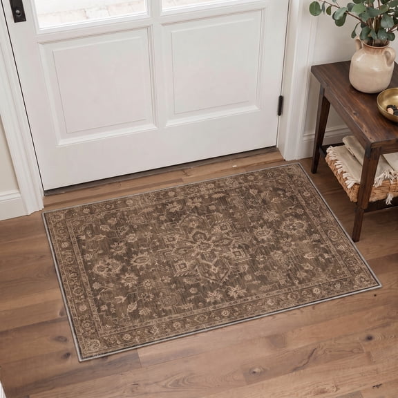 KUETH 2x3 Vintage Area Entryway Rug, Machine Washable Soft Low Pile Non Slip Backing Rug, Mocha Brown Accent Rug