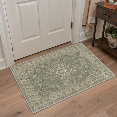 KUETH 2x3 Persian Area Entryway Rug, Machine Washable Soft Low Pile Non Slip Backing Rug, Sage Green Accent Rug