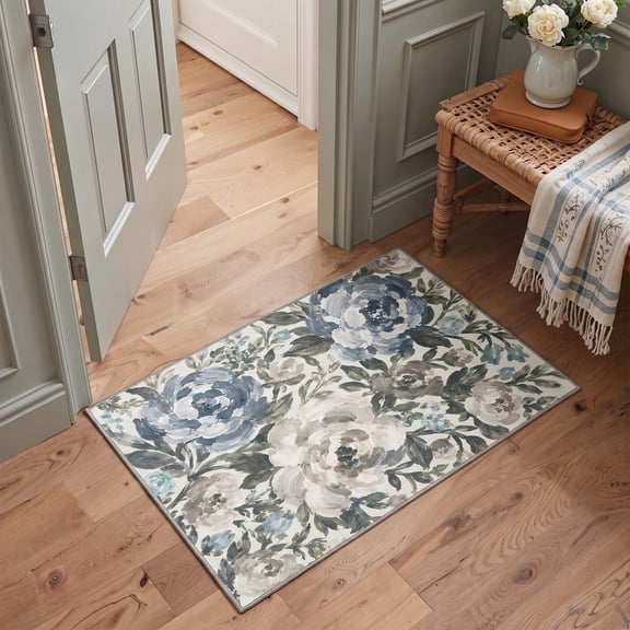 KUETH 2x3 Soft Botanical Accent Rug, Machine Washable Low Pile Non Slip Backing Rug, COBALT BLOOM Rug for Entryway Kitchen