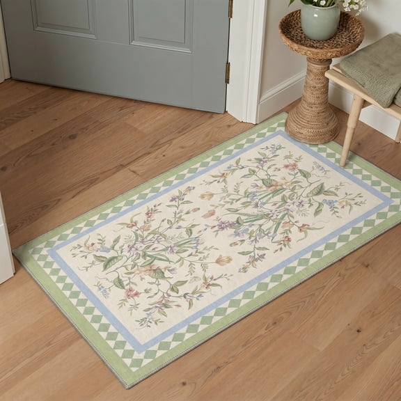 KUETH 2x3 Soft Botanical Style Accent Rug, Machine Washable Low Pile Non Slip Backing Rug, Mint Cream Rug for Entryway Kitchen
