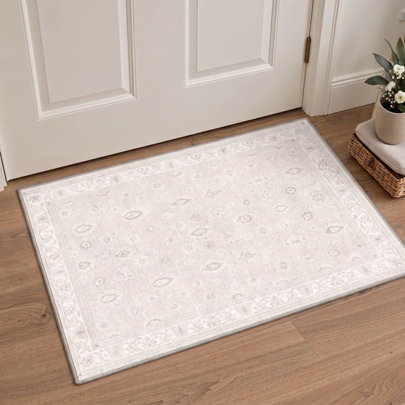 KUETH 2x3 Soft Classic Allover Persian Accent Rug, Machine Washable Low Pile Non Slip Backing Rug, 浅米色 Rug for Entryway Kitchen